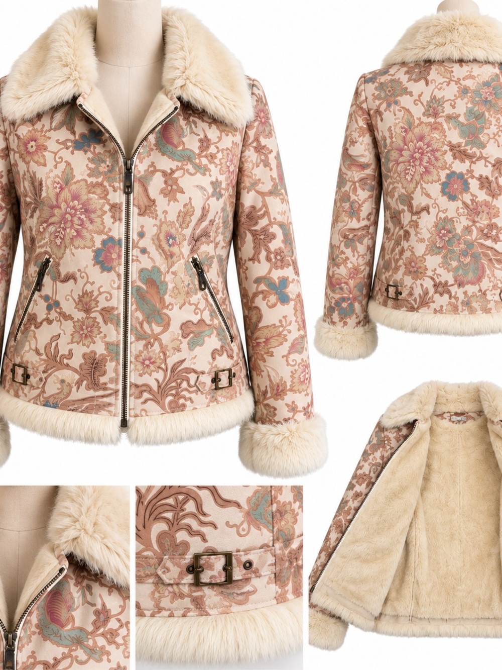 Pink Floral Faux-Fur Trim Bomber Jacket